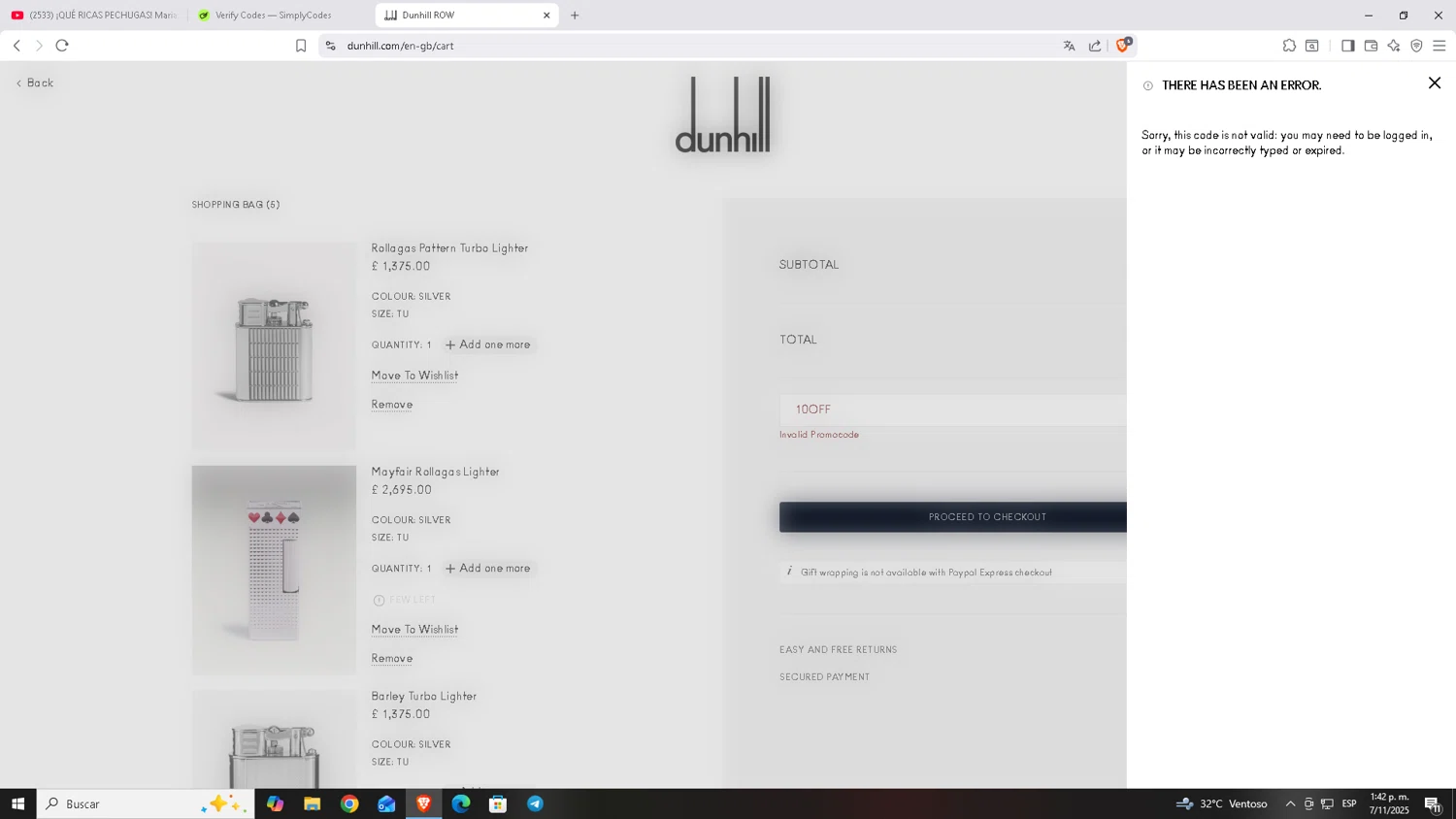 Alfred Dunhill promo code screenshot showing code 10OFF applied at Alfred Dunhill checkout page. Uploaded by SimplyCodes community member Carloscoder_900457733 on Nov 7, 2025
