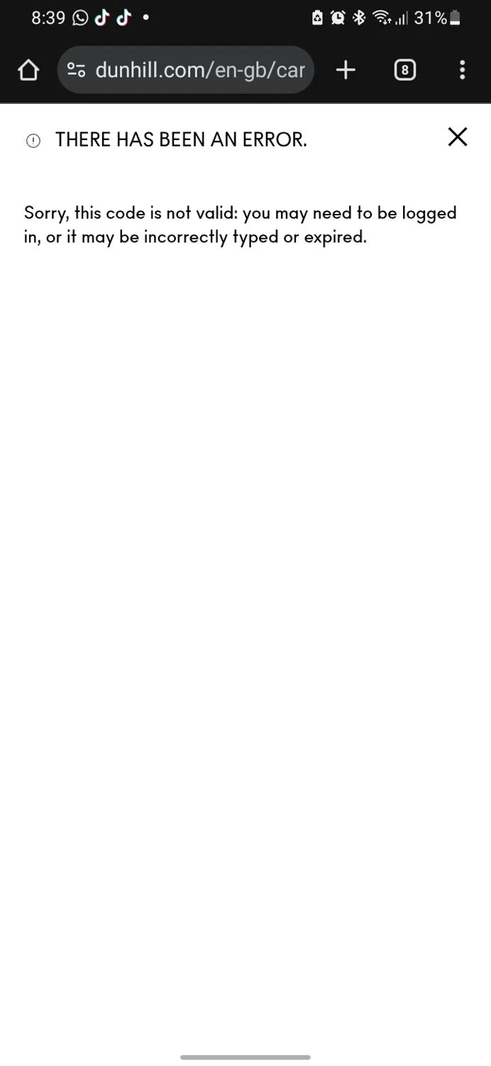 Alfred Dunhill promo code screenshot showing code SAVE10 applied at Alfred Dunhill checkout page. Uploaded by SimplyCodes community member miguelcrast on Nov 25, 2025