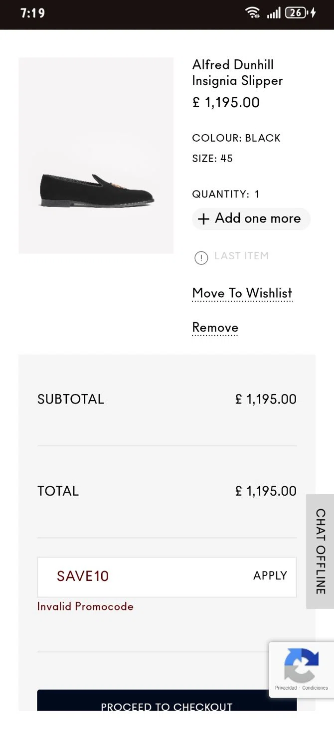 Alfred Dunhill promo code screenshot showing code SAVE10 applied at Alfred Dunhill checkout page. Uploaded by SimplyCodes community member vicenteciacera on Nov 24, 2025