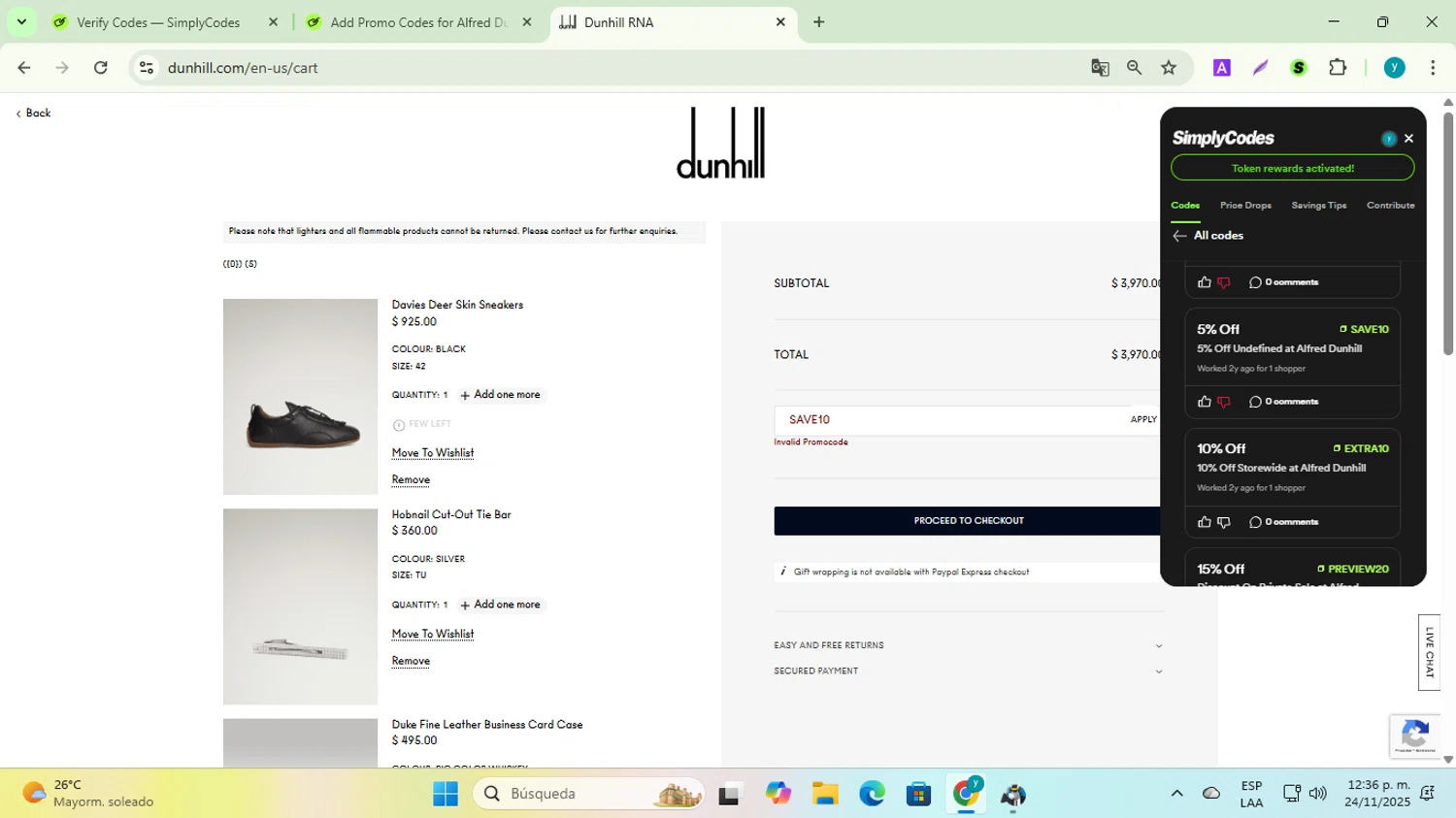 Alfred Dunhill promo code screenshot showing code SAVE10 applied at Alfred Dunhill checkout page. Uploaded by SimplyCodes community member yadiracg074 on Nov 24, 2025