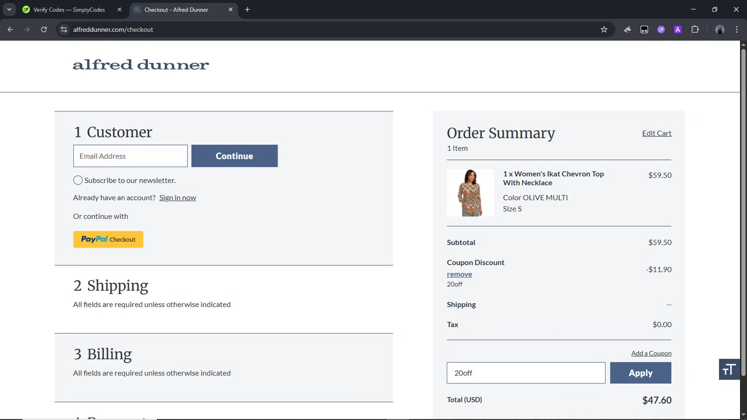 Alfred Dunner promo code screenshot showing code 20off applied at Alfred Dunner checkout page. Uploaded by SimplyCodes community member Time_sin_filtro on May 28, 2025