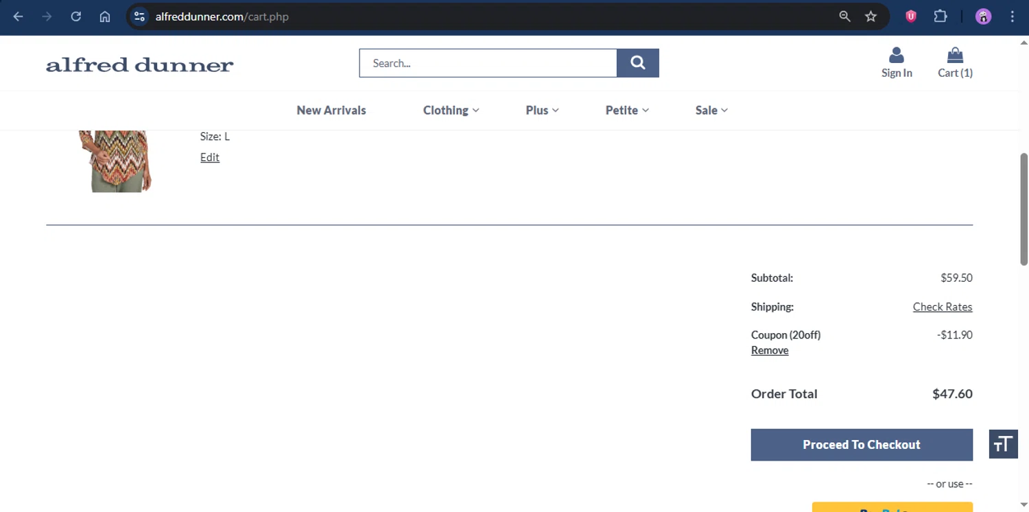 Alfred Dunner promo code screenshot showing code 20off applied at Alfred Dunner checkout page. Uploaded by SimplyCodes community member rapc3030 on Jun 26, 2025
