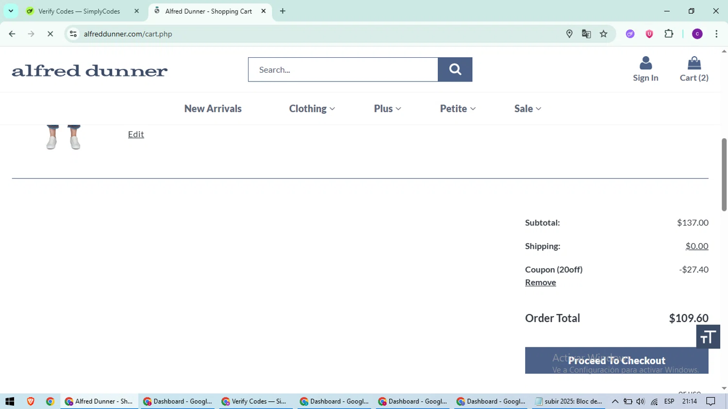 Alfred Dunner promo code screenshot showing code 20off applied at Alfred Dunner checkout page. Uploaded by SimplyCodes community member suieeloves on Jul 15, 2025