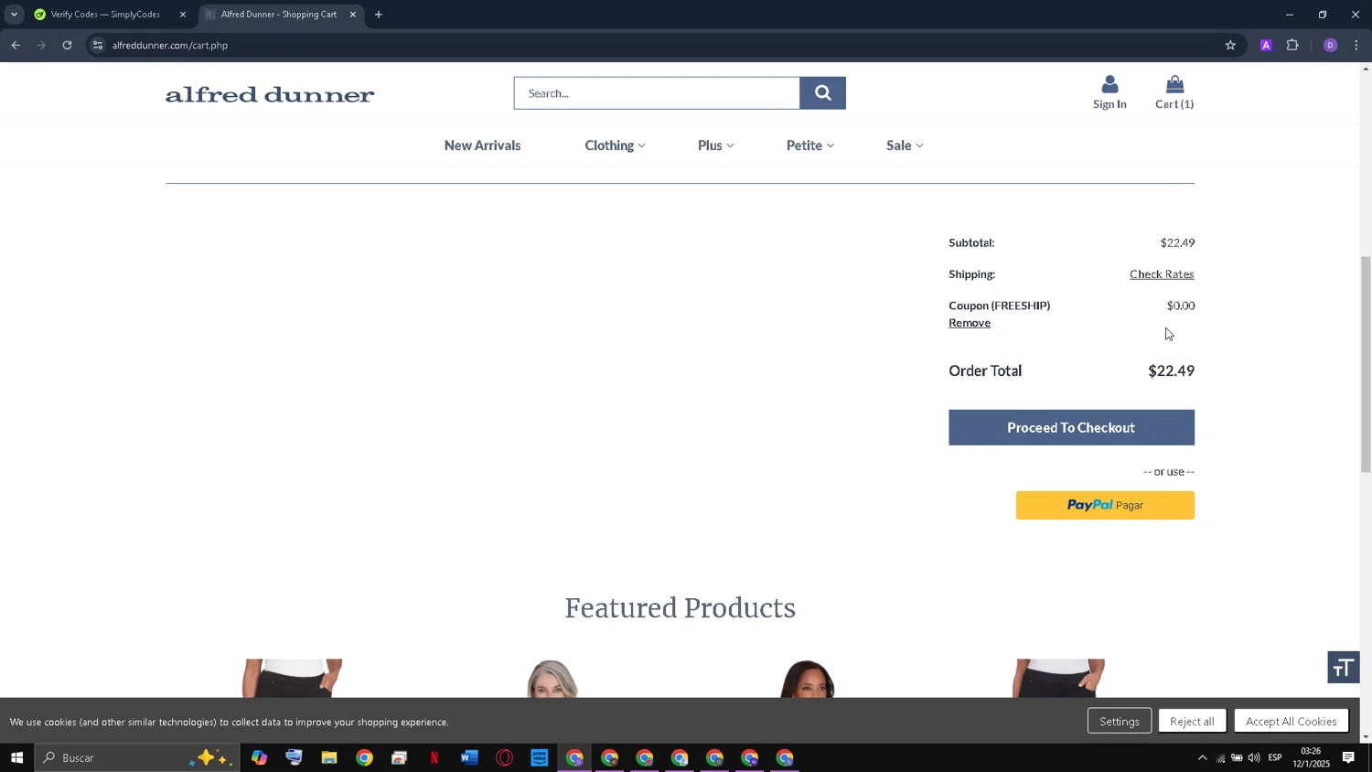 Alfred Dunner promo code screenshot showing code FREESHIP applied at Alfred Dunner checkout page. Uploaded by SimplyCodes community member Daniellugo_ak on Jan 12, 2025