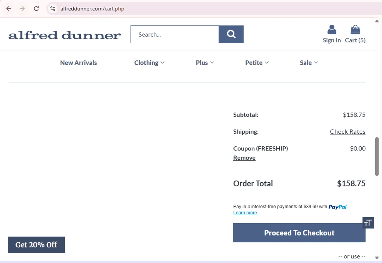 Alfred Dunner promo code screenshot showing code FREESHIP applied at Alfred Dunner checkout page. Uploaded by SimplyCodes community member PromoExpert5262 on Jan 19, 2026