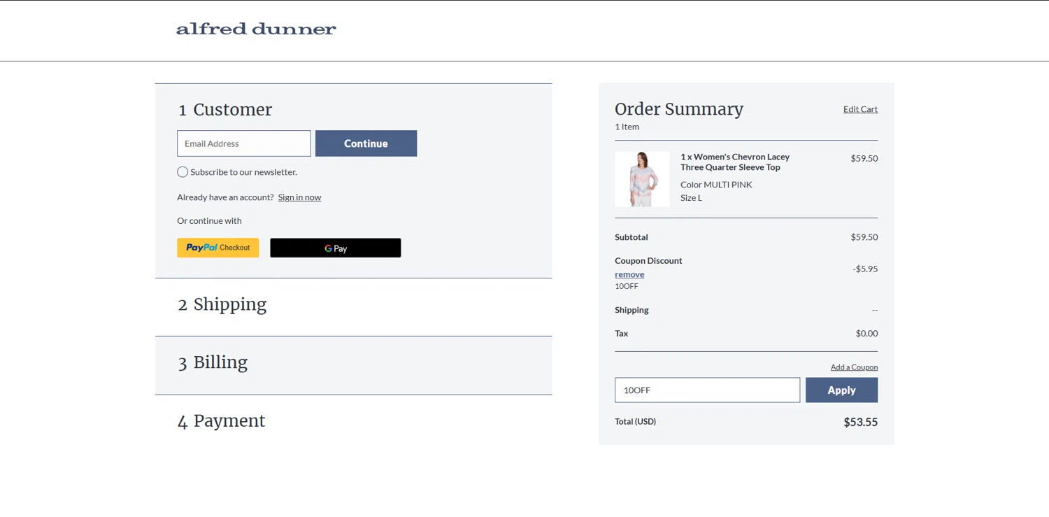 Alfred Dunner promo code screenshot showing code 10OFF applied at Alfred Dunner checkout page. Uploaded by SimplyCodes community member BudgetSage1378 on Feb 6, 2025