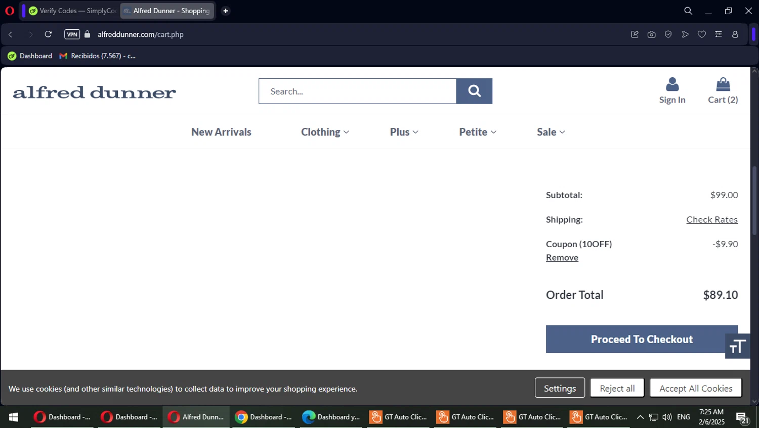 Alfred Dunner promo code screenshot showing code 10OFF applied at Alfred Dunner checkout page. Uploaded by SimplyCodes community member Typhlosion on Feb 6, 2025