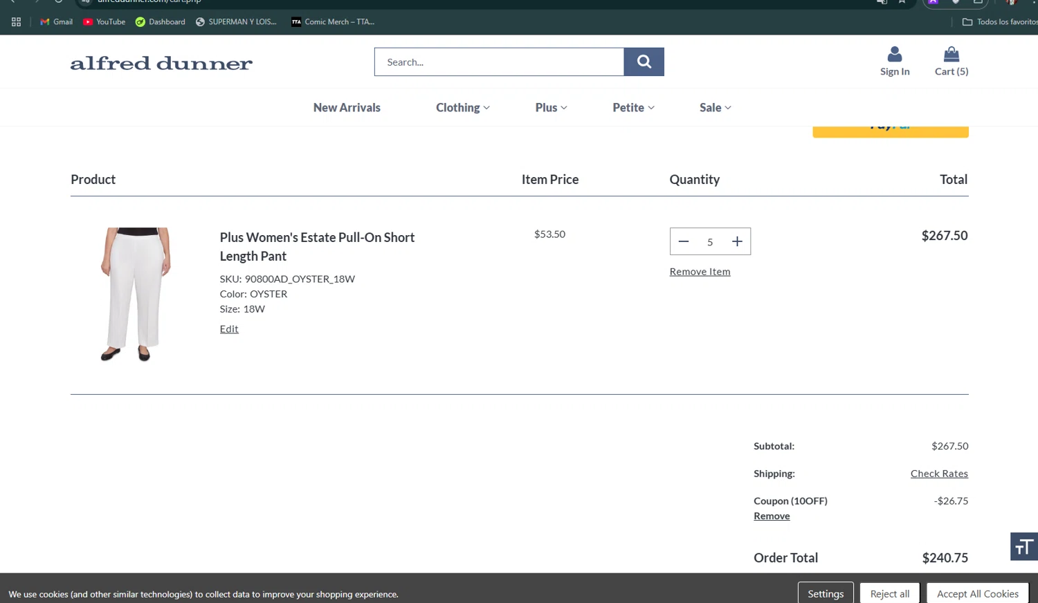 Alfred Dunner promo code screenshot showing code 10OFF applied at Alfred Dunner checkout page. Uploaded by SimplyCodes community member avatar on Mar 7, 2025
