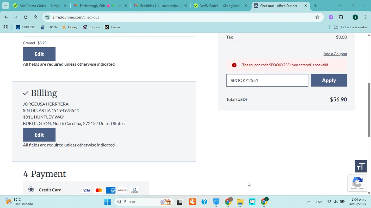 Alfred Dunner promo code screenshot showing code SPOOKY2551 applied at Alfred Dunner checkout page. Uploaded by SimplyCodes community member ABHF23 on Oct 30, 2025