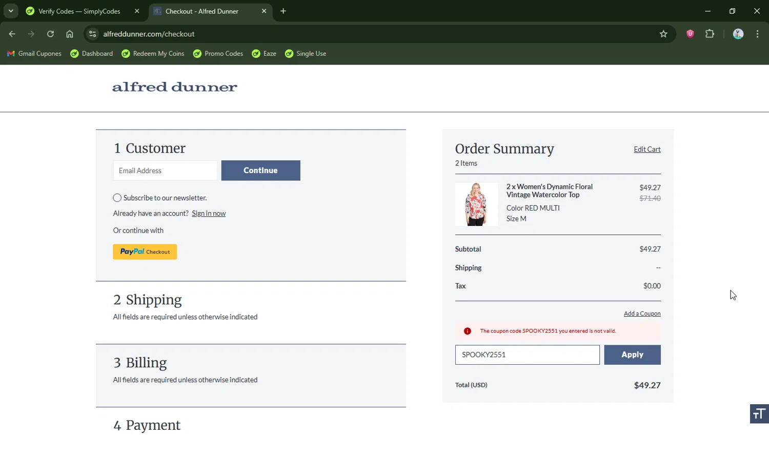 Alfred Dunner promo code screenshot showing code SPOOKY2551 applied at Alfred Dunner checkout page. Uploaded by SimplyCodes community member LHaunter2 on Oct 30, 2025