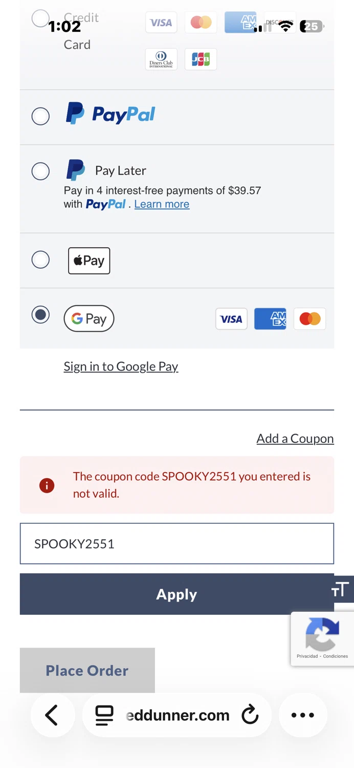 Alfred Dunner promo code screenshot showing code SPOOKY2551 applied at Alfred Dunner checkout page. Uploaded by SimplyCodes community member Woodstock on Oct 30, 2025