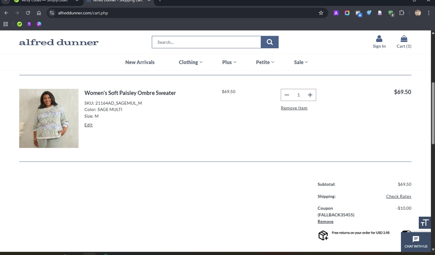 Alfred Dunner checkout page showing Alfred Dunner promo code box | Screenshot taken by SimplyCodes community member on Nov 3, 2025