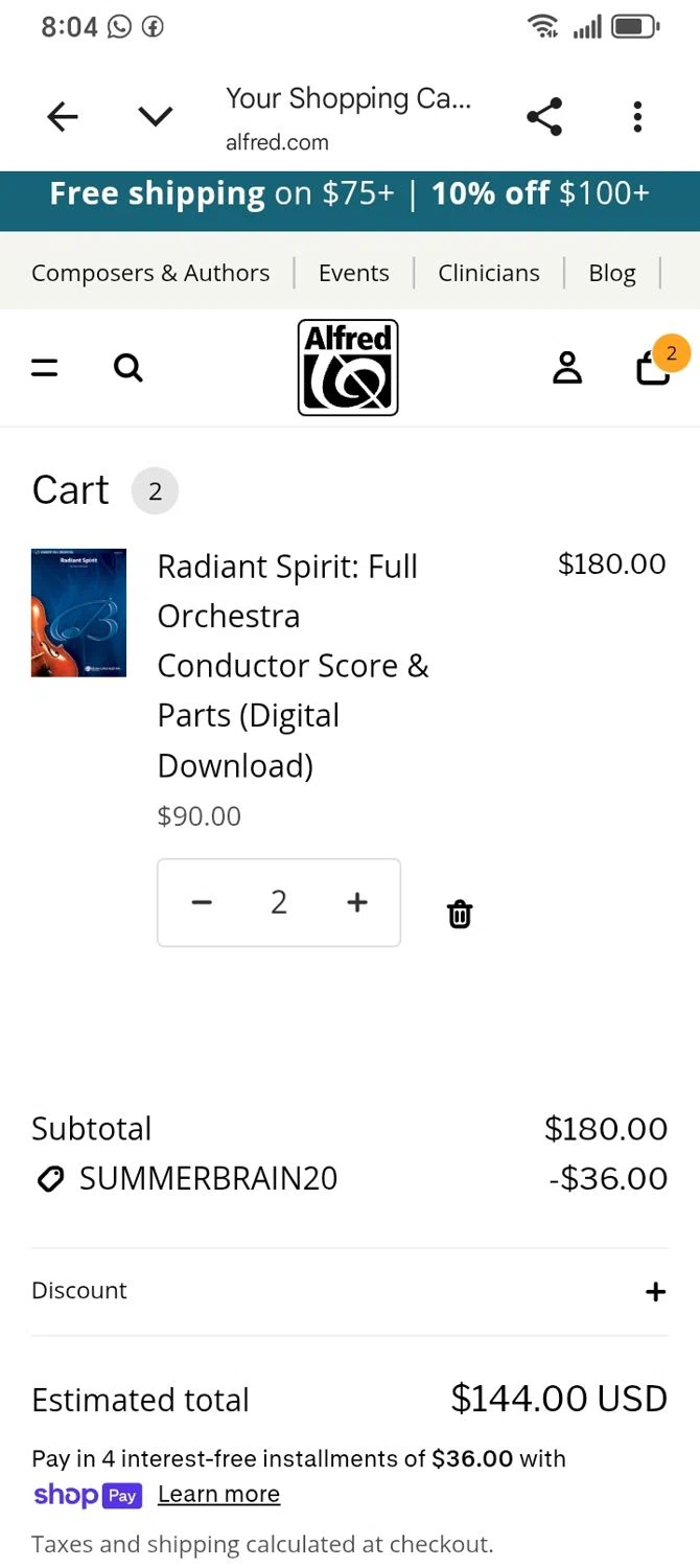 Alfred Music promo code screenshot showing code SUMMERBRAIN20 applied at Alfred Music checkout page. Uploaded by SimplyCodes community member franksanchez on Jun 11, 2026