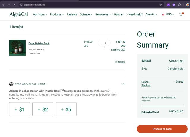AlgaeCal checkout page showing AlgaeCal coupon code box | Screenshot taken by SimplyCodes community member on Jul 25, 2025