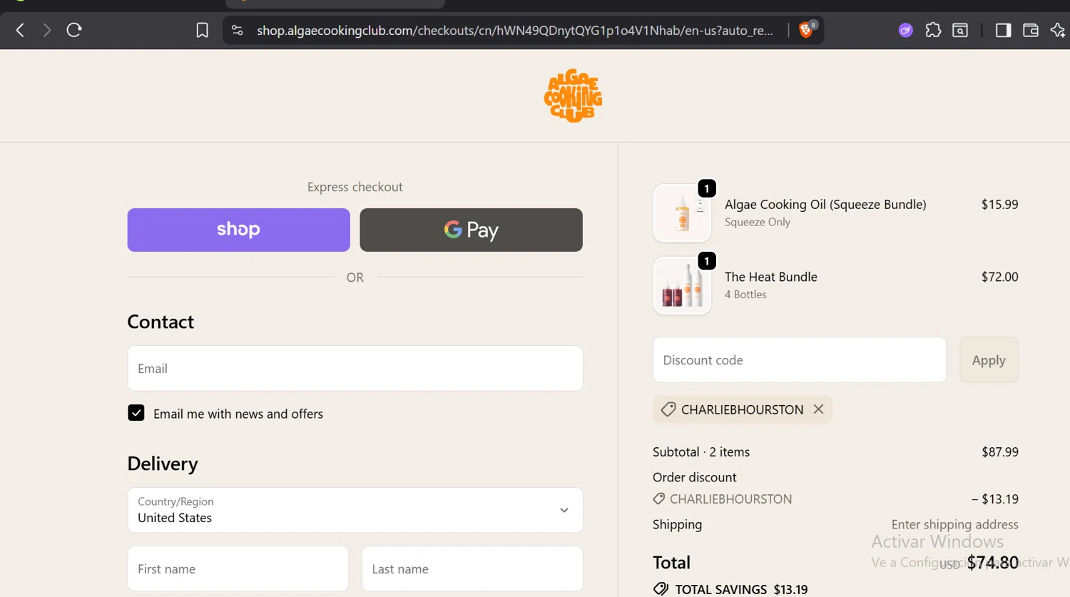 Algae Cooking Club discount code screenshot showing code CHARLIEBHOURSTON applied at Algae Cooking Club checkout page. Uploaded by SimplyCodes community member GloriousTitan3094 on Oct 15, 2025