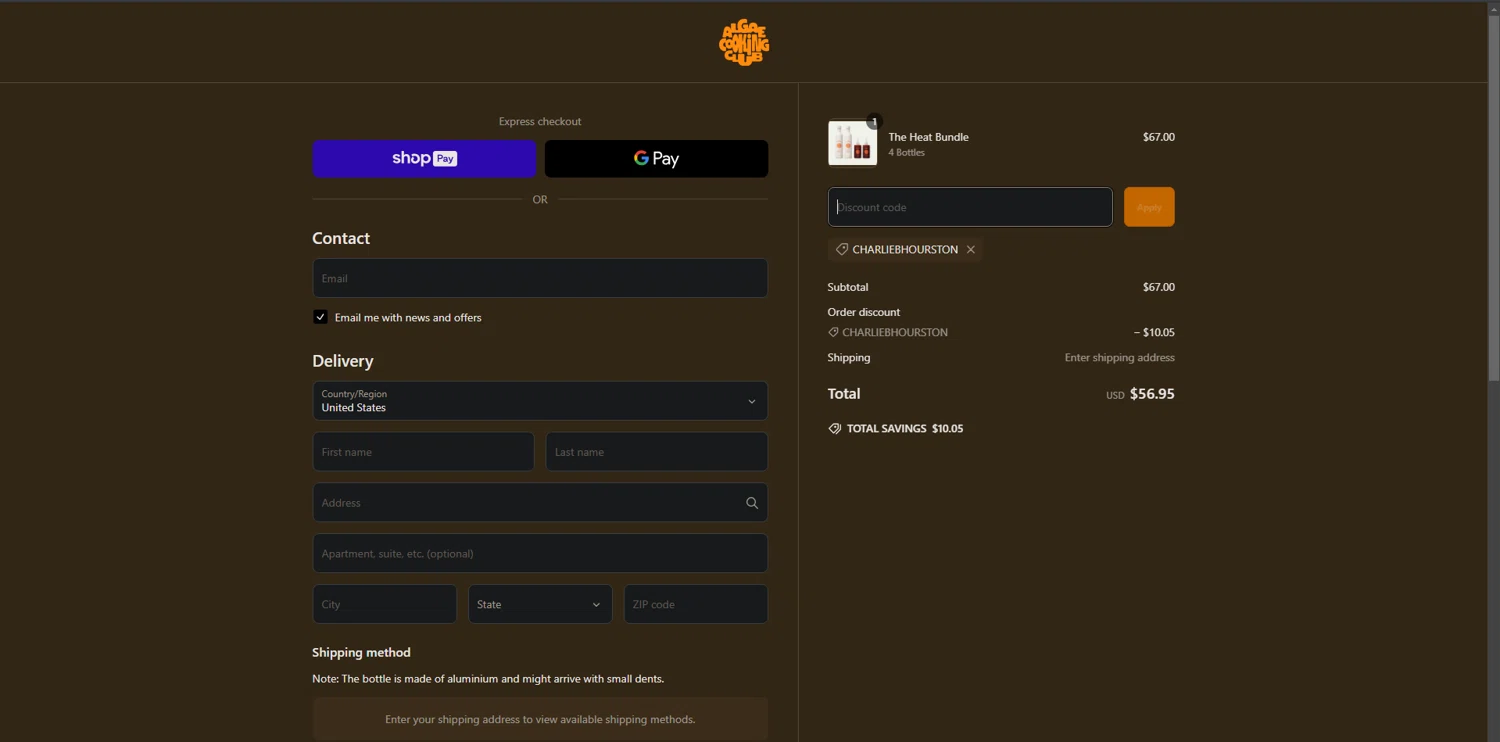 Algae Cooking Club discount code screenshot showing code CHARLIEBHOURSTON applied at Algae Cooking Club checkout page. Uploaded by SimplyCodes community member POWERRANGERRED on Mar 9, 2025