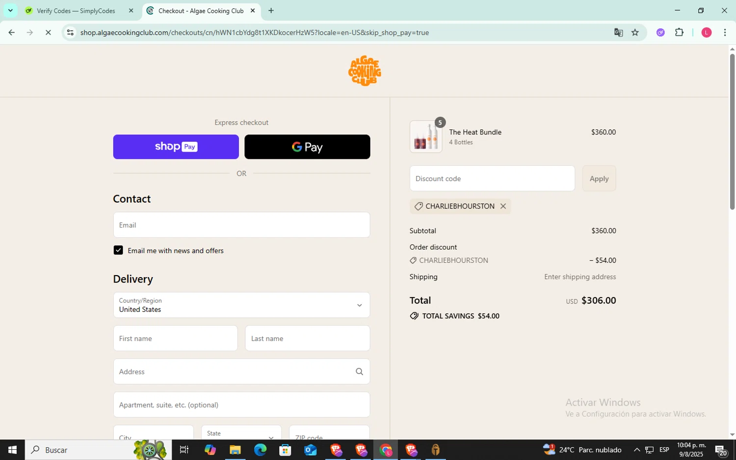 Algae Cooking Club discount code screenshot showing code CHARLIEBHOURSTON applied at Algae Cooking Club checkout page. Uploaded by SimplyCodes community member SilverFox3257 on Aug 10, 2025