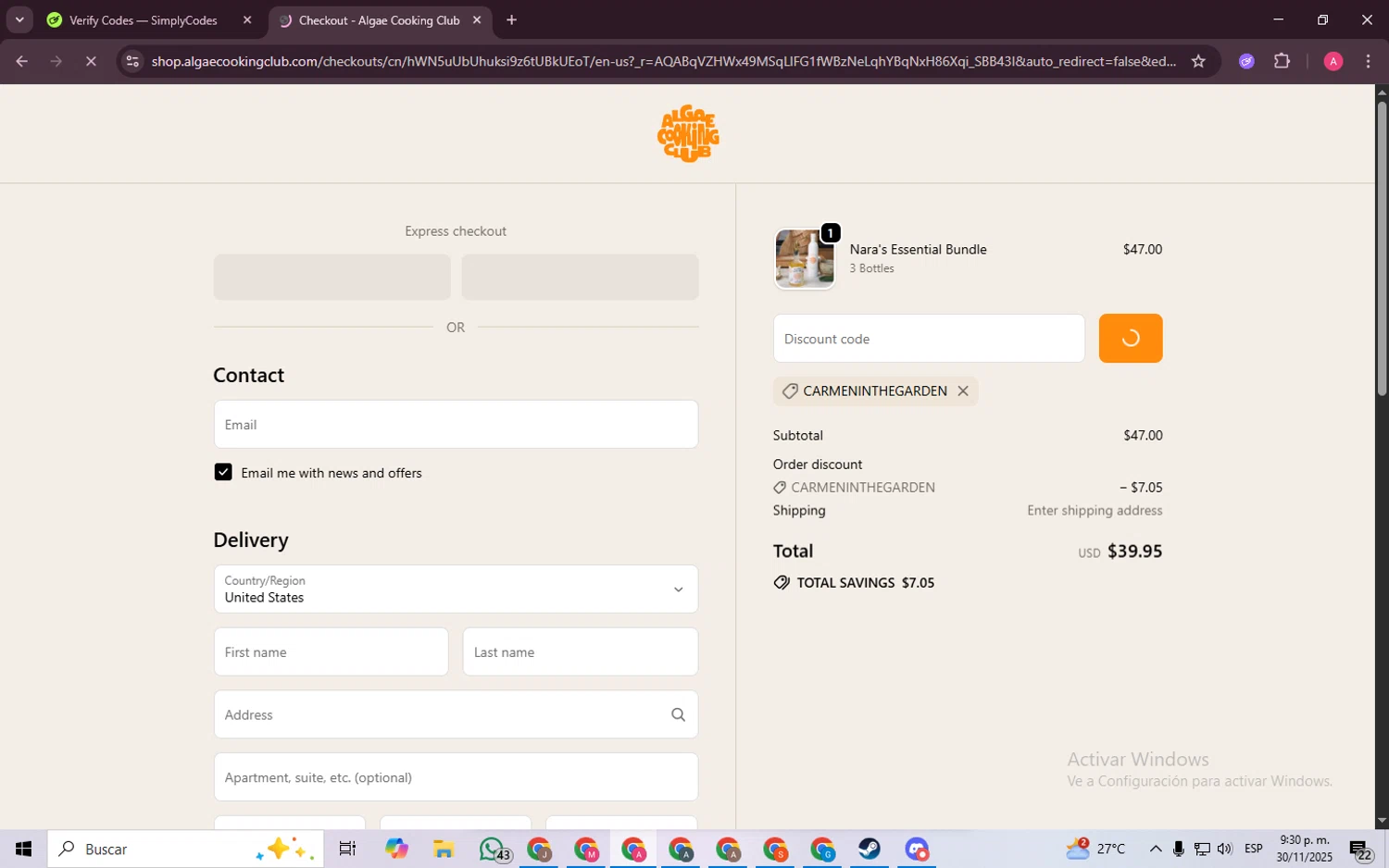 Algae Cooking Club discount code screenshot showing code CARMENINTHEGARDEN applied at Algae Cooking Club checkout page. Uploaded by SimplyCodes community member SaleScholar6713 on Dec 1, 2025