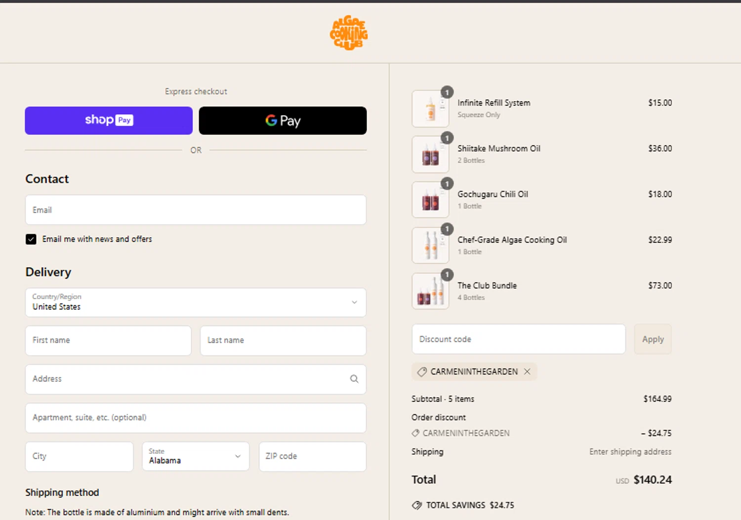 Algae Cooking Club discount code screenshot showing code CARMENINTHEGARDEN applied at Algae Cooking Club checkout page. Uploaded by SimplyCodes community member yolimararteaga1 on May 17, 2025
