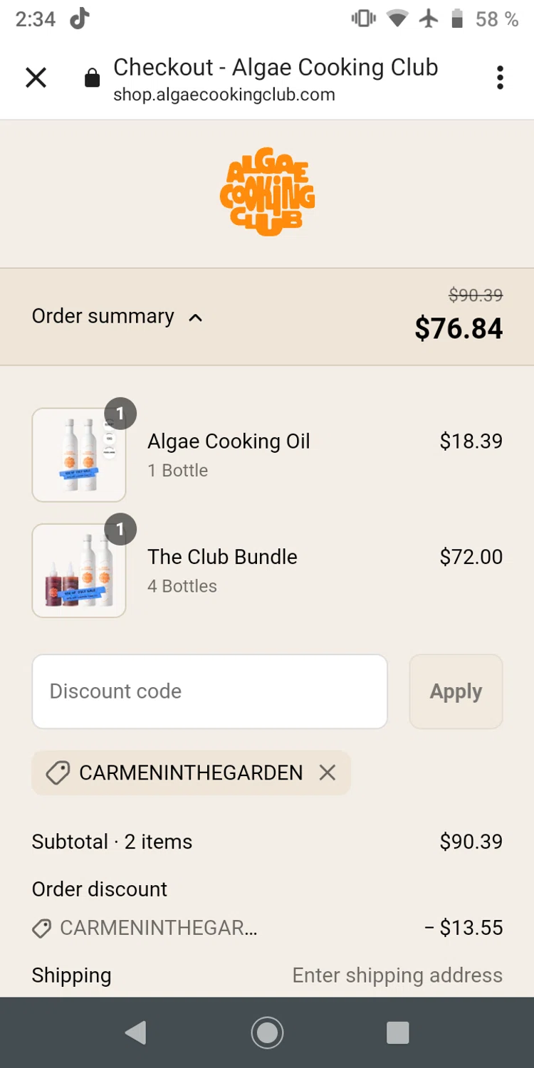 Algae Cooking Club discount code screenshot showing code CARMENINTHEGARDEN applied at Algae Cooking Club checkout page. Uploaded by SimplyCodes community member zaidaelena on Jul 28, 2025