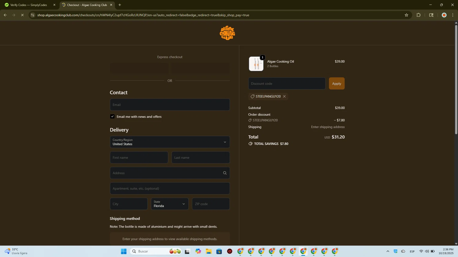 Algae Cooking Club discount code screenshot showing code STEELPANGUY20 applied at Algae Cooking Club checkout page. Uploaded by SimplyCodes community member CashScout2884 on Oct 19, 2025