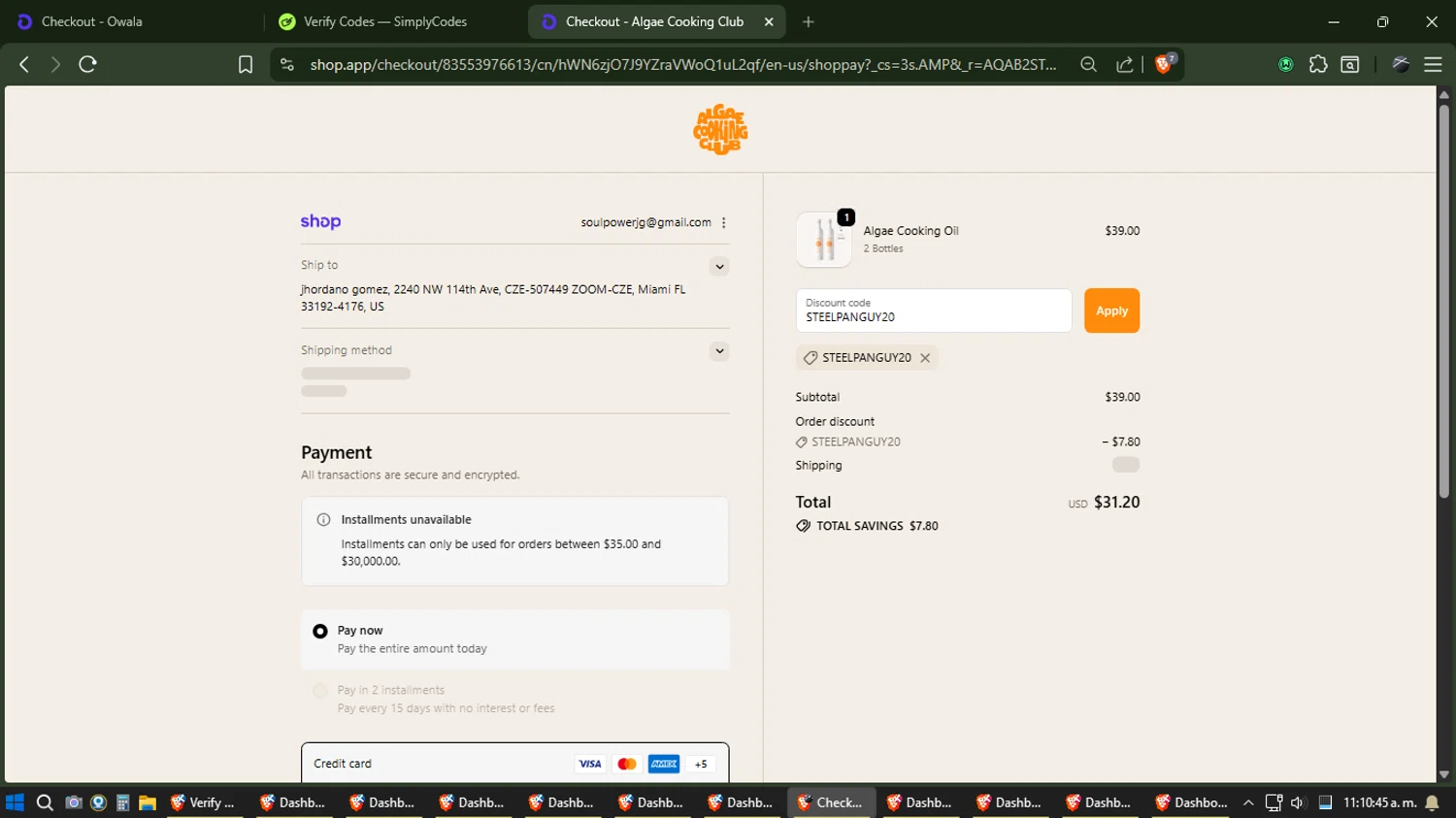 Algae Cooking Club discount code screenshot showing code STEELPANGUY20 applied at Algae Cooking Club checkout page. Uploaded by SimplyCodes community member Phoenix on Dec 29, 2025
