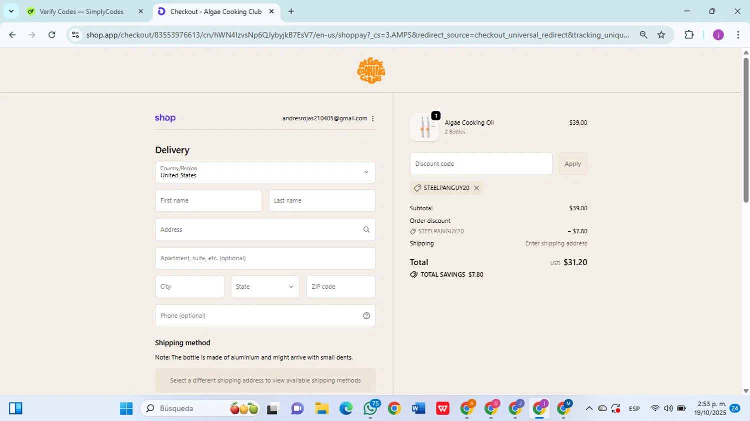 Algae Cooking Club discount code screenshot showing code STEELPANGUY20 applied at Algae Cooking Club checkout page. Uploaded by SimplyCodes community member christophersierra on Oct 19, 2025