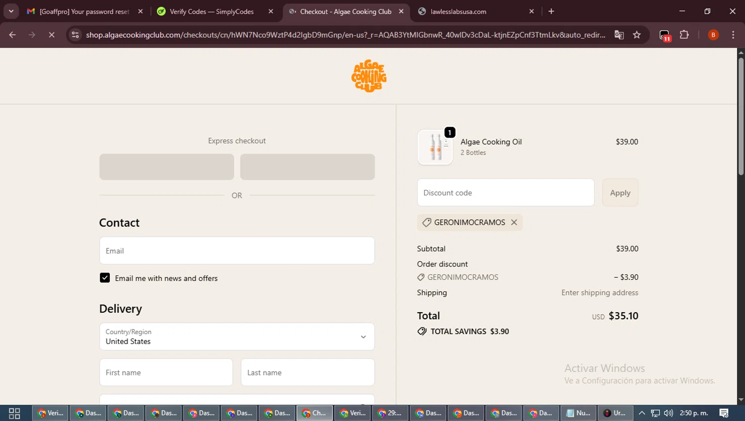 Algae Cooking Club checkout page showing Algae Cooking Club discount code box | Screenshot taken by SimplyCodes community member on Jan 8, 2026