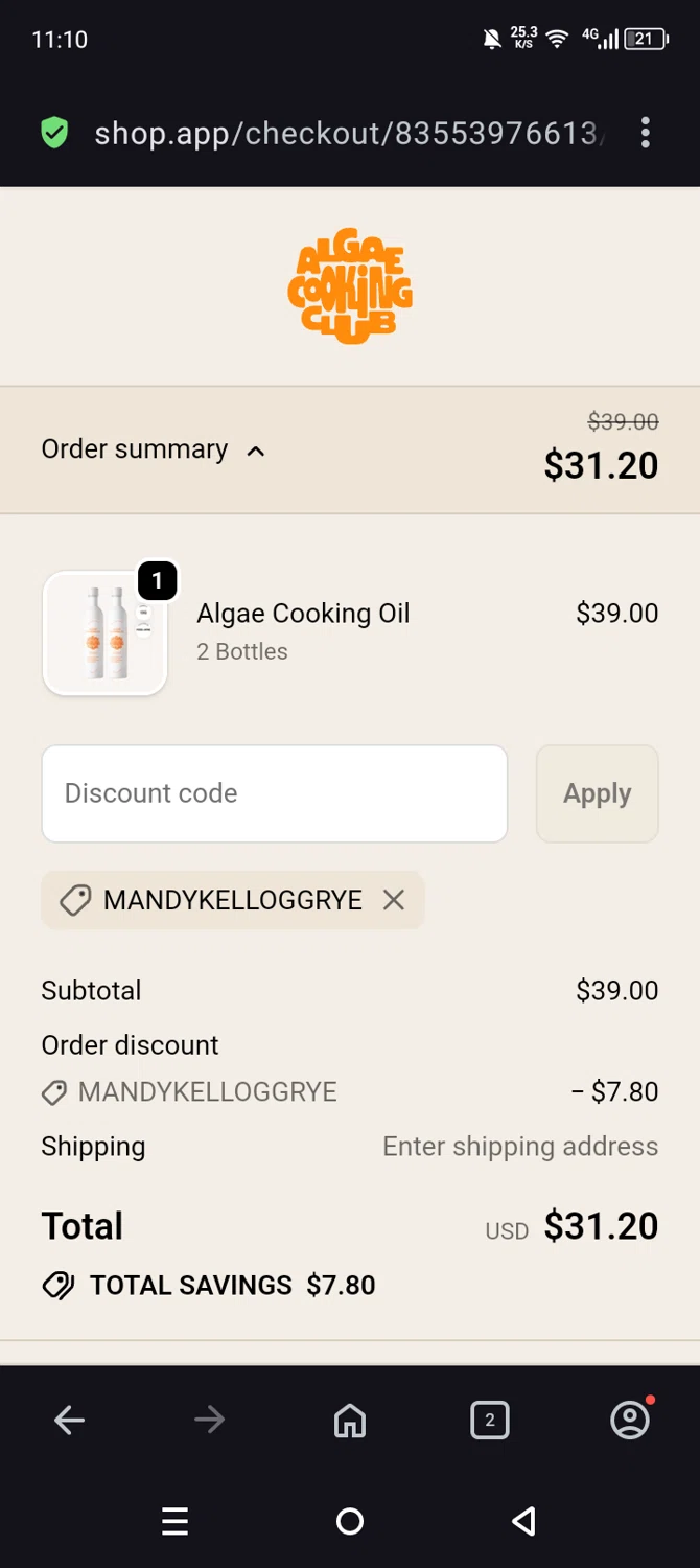 Algae Cooking Club discount code screenshot showing code Mandykelloggrye applied at Algae Cooking Club checkout page. Uploaded by SimplyCodes community member Olivatle37 on Dec 29, 2025