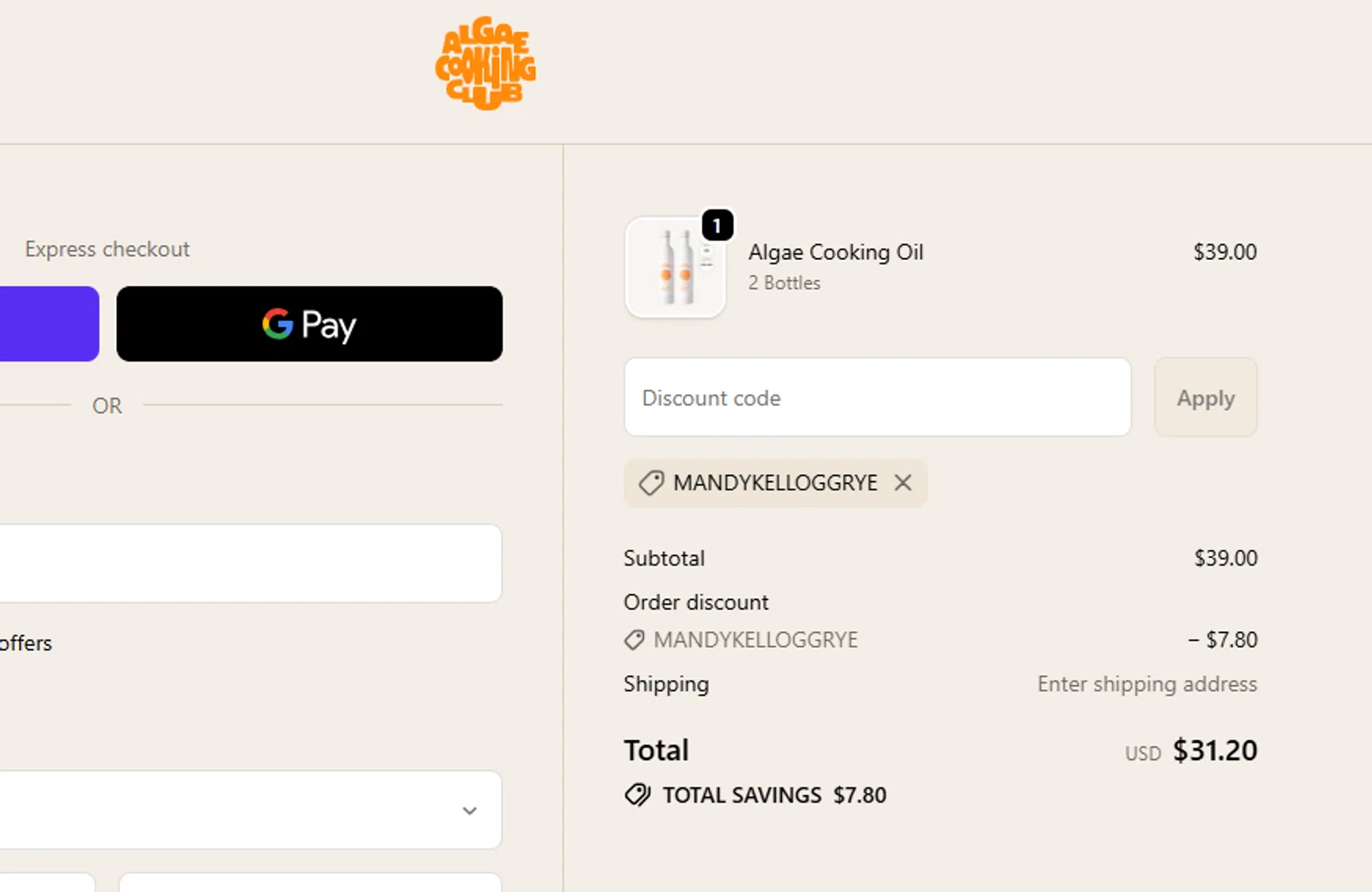 Algae Cooking Club discount code screenshot showing code Mandykelloggrye applied at Algae Cooking Club checkout page. Uploaded by SimplyCodes community member Toundji on Dec 24, 2025