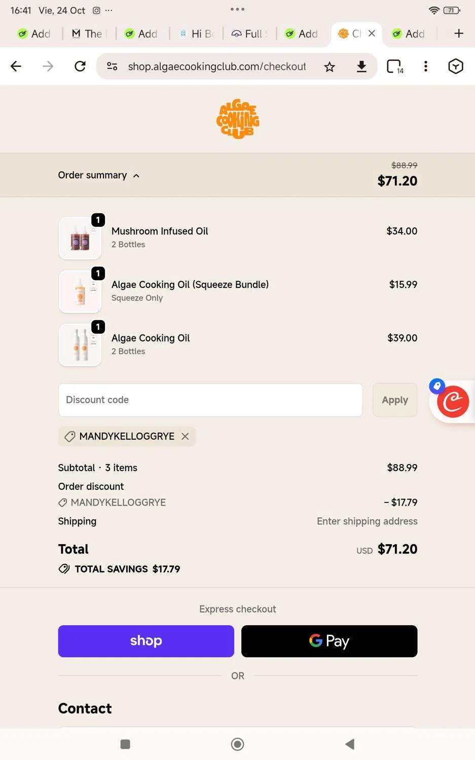 Algae Cooking Club discount code screenshot showing code Mandykelloggrye applied at Algae Cooking Club checkout page. Uploaded by SimplyCodes community member KarinaHZ on Oct 24, 2025