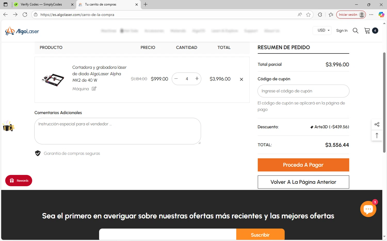 AlgoLaser coupon code screenshot showing code ART3D applied at AlgoLaser checkout page. Uploaded by SimplyCodes community member SavvyWizard7346 on Oct 7, 2025