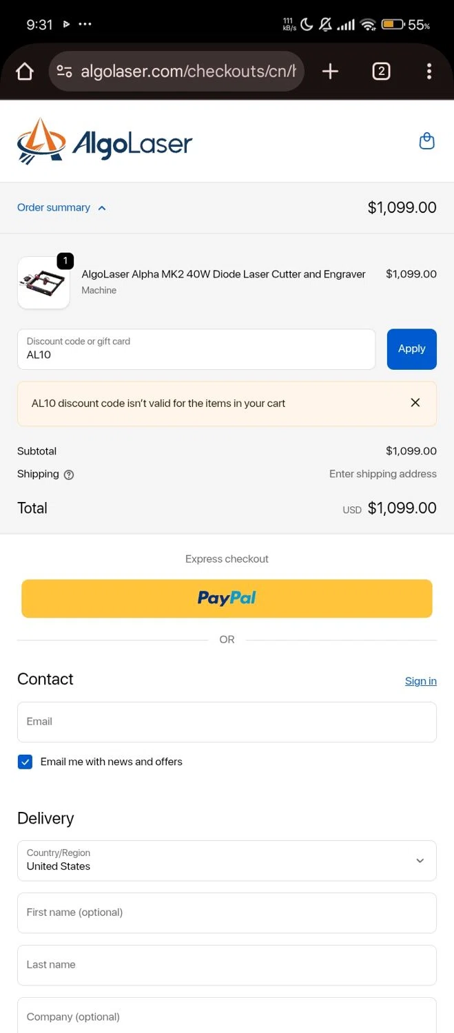 AlgoLaser coupon code screenshot showing code AL10 applied at AlgoLaser checkout page. Uploaded by SimplyCodes community member Jutdcv on Nov 3, 2025