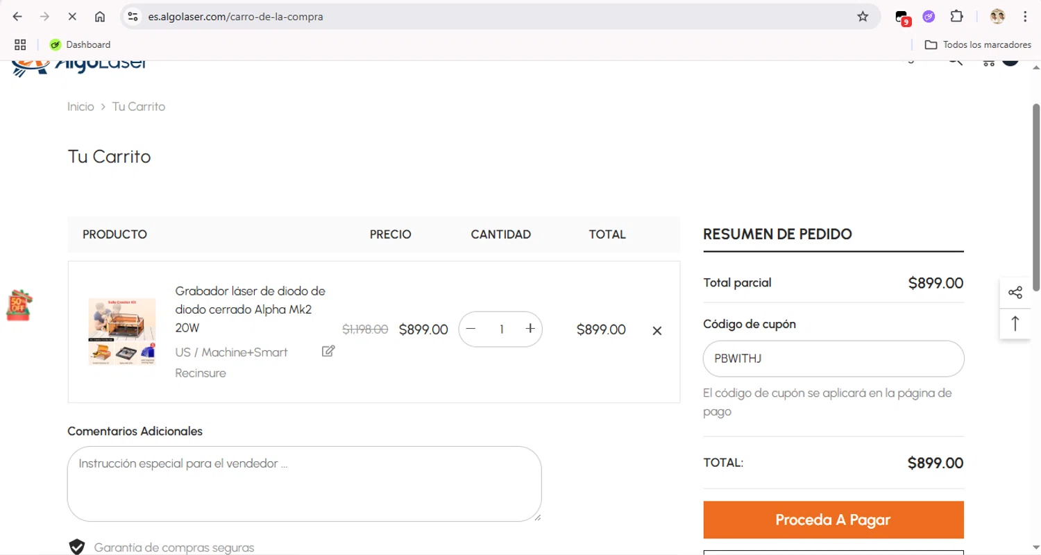 AlgoLaser coupon code screenshot showing code PBWITHJ applied at AlgoLaser checkout page. Uploaded by SimplyCodes community member LegendaryTitan9160 on Aug 5, 2025