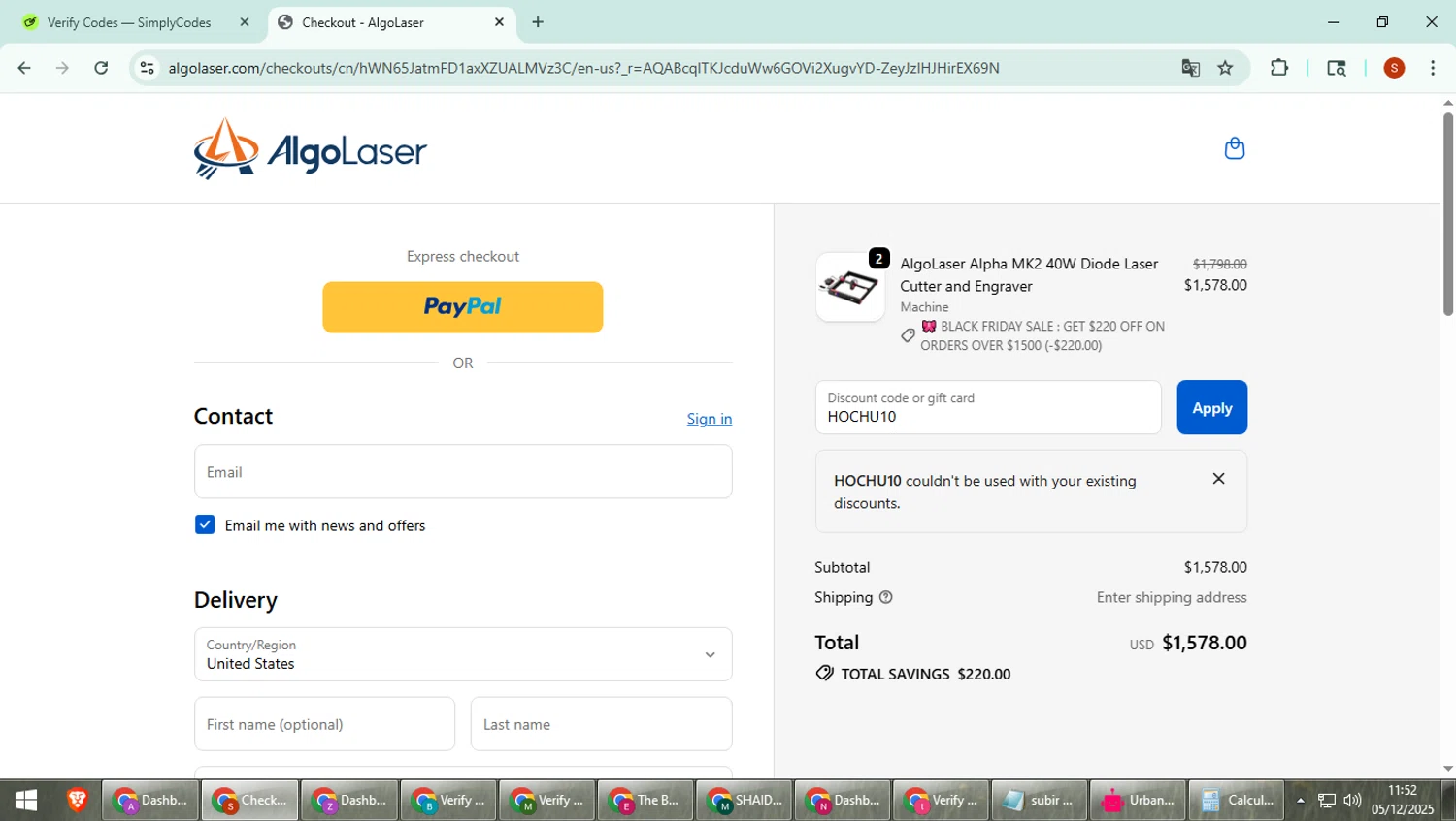 AlgoLaser coupon code screenshot showing code HOCHU10 applied at AlgoLaser checkout page. Uploaded by SimplyCodes community member CleverTiger4265 on Dec 5, 2025