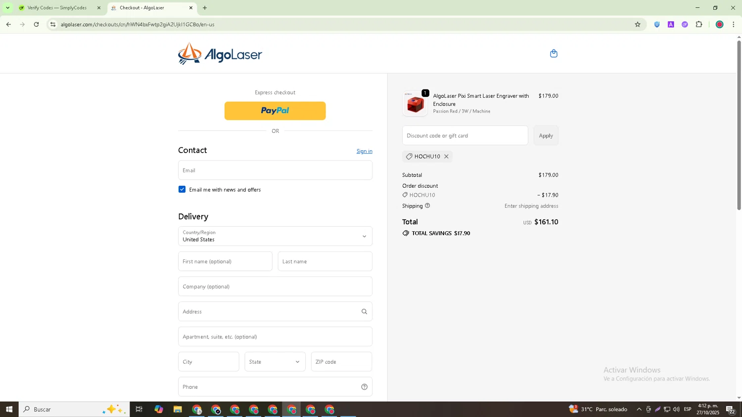 AlgoLaser coupon code screenshot showing code HOCHU10 applied at AlgoLaser checkout page. Uploaded by SimplyCodes community member Michael_Brown on Oct 27, 2025