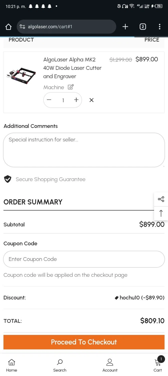 AlgoLaser coupon code screenshot showing code HOCHU10 applied at AlgoLaser checkout page. Uploaded by SimplyCodes community member Sasuk3 on Nov 15, 2025