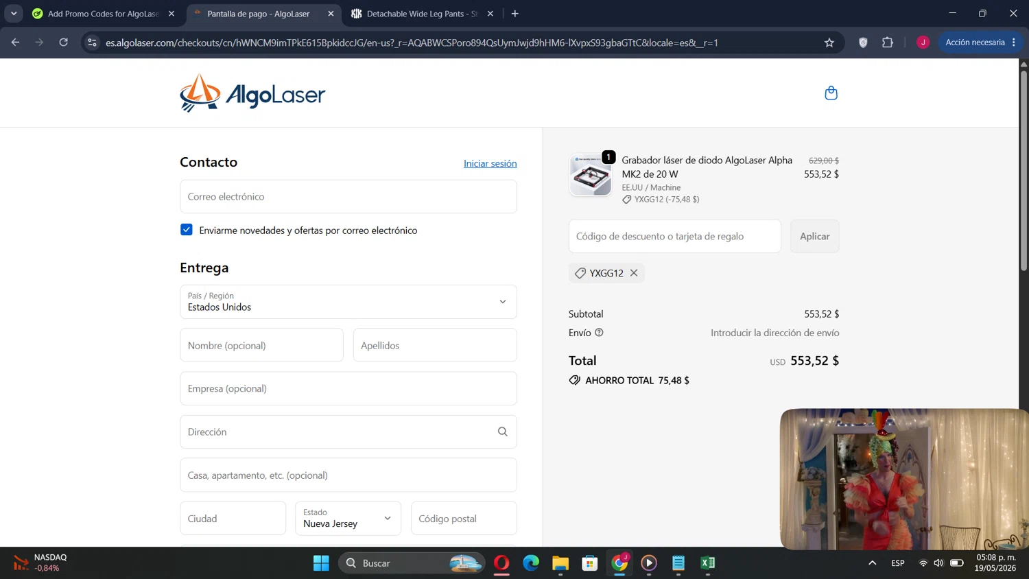 AlgoLaser promo code screenshot showing code YXGG12 applied at AlgoLaser checkout page. Uploaded by SimplyCodes community member LegendaryVoyager3248 on May 19, 2026