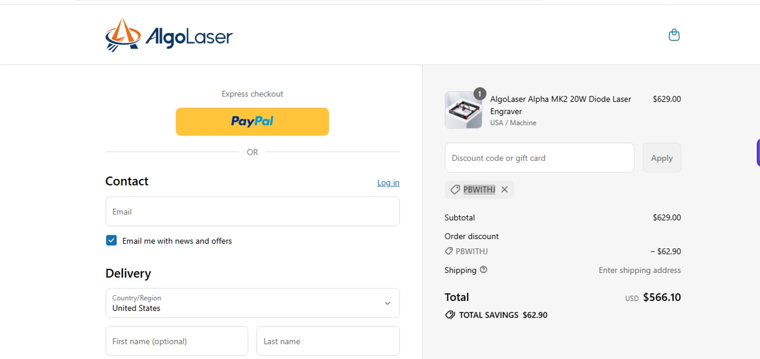 AlgoLaser coupon code screenshot showing code PBWITHJ applied at AlgoLaser checkout page. Uploaded by SimplyCodes community member shark12 on Aug 5, 2025