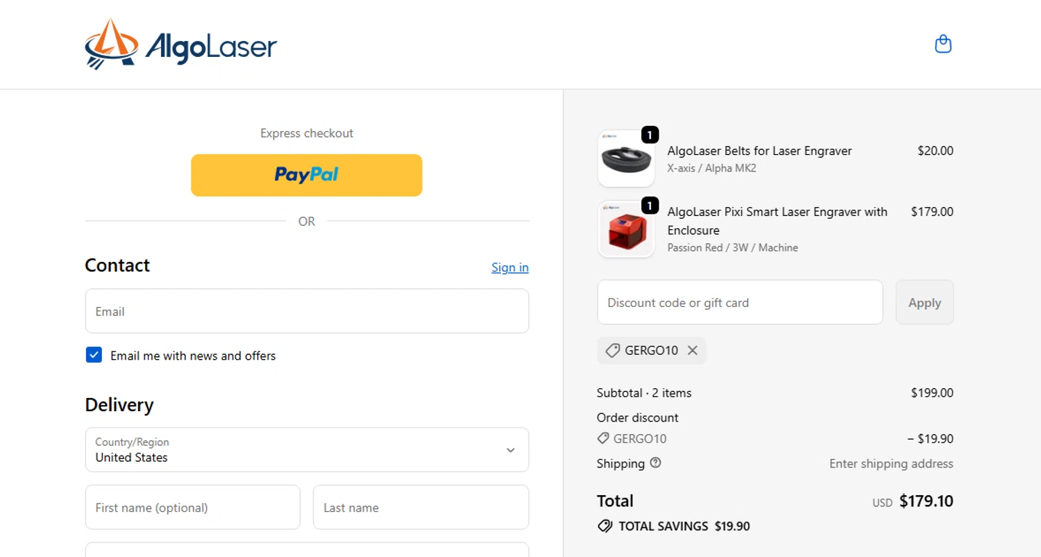 AlgoLaser coupon code screenshot showing code GERGO10 applied at AlgoLaser checkout page. Uploaded by SimplyCodes community member shark12 on Oct 27, 2025