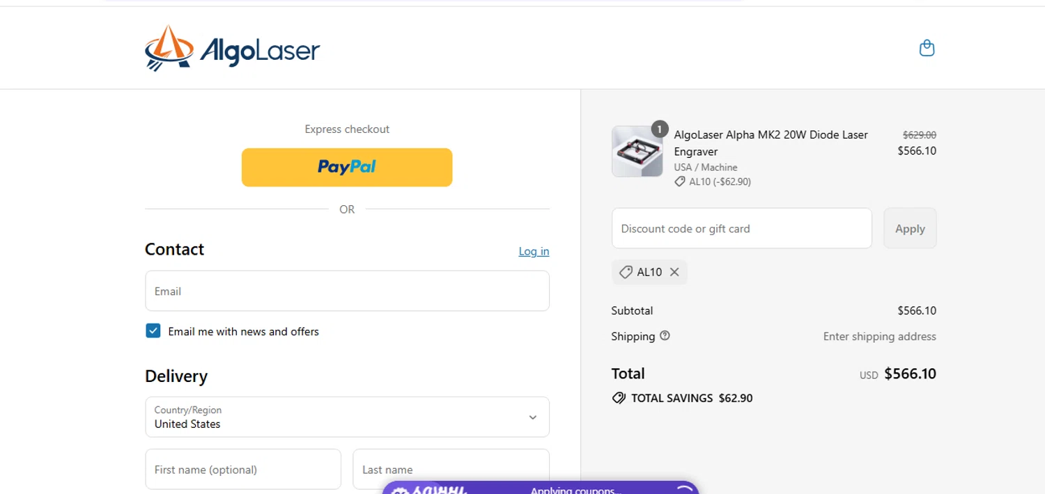 AlgoLaser coupon code screenshot showing code AL10 applied at AlgoLaser checkout page. Uploaded by SimplyCodes community member shark12 on Aug 5, 2025