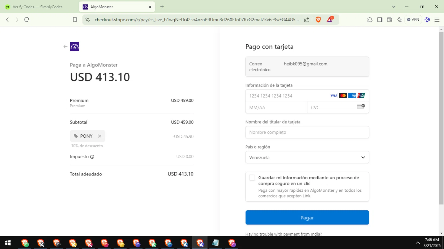 Algo Monster promo code screenshot showing code PONY applied at Algo Monster checkout page. Uploaded by SimplyCodes community member Avio_21 on Mar 21, 2025