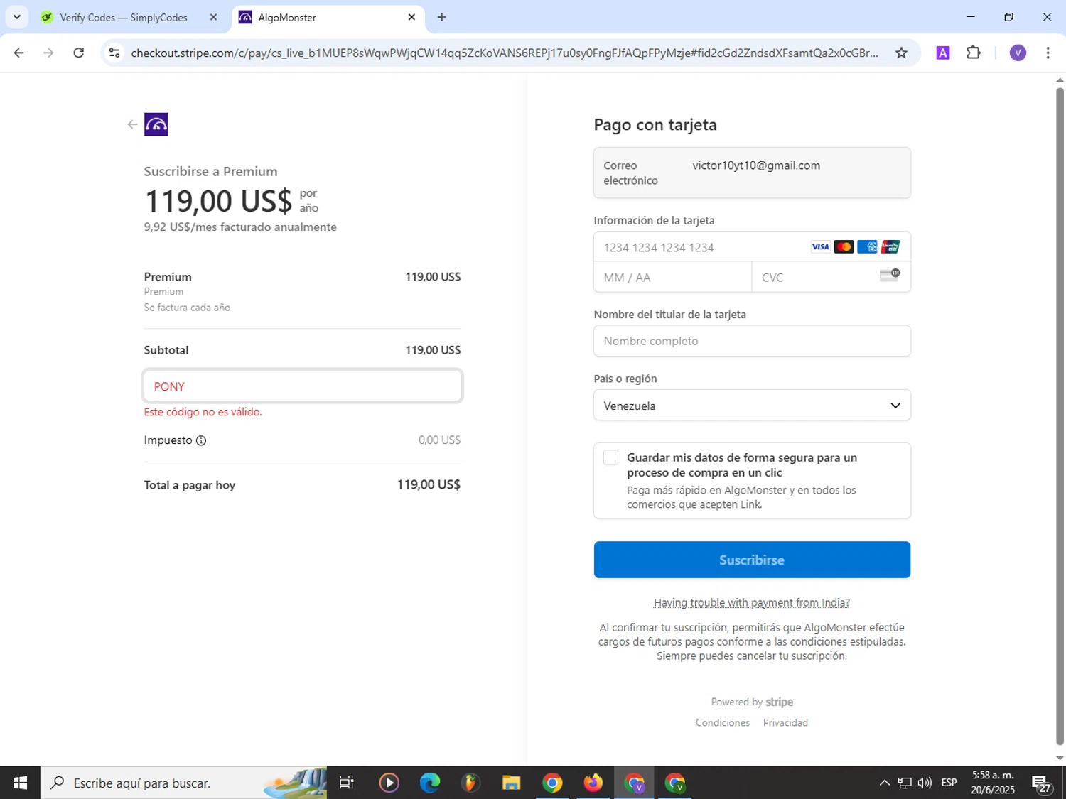 Algo Monster promo code screenshot showing code PONY applied at Algo Monster checkout page. Uploaded by SimplyCodes community member Satoru_gojo on Jun 20, 2025