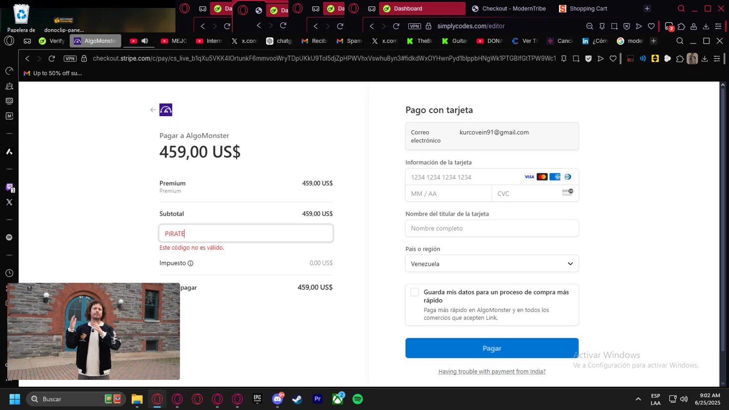 Algo Monster promo code screenshot showing code PIRATE applied at Algo Monster checkout page. Uploaded by SimplyCodes community member kurcovein on Jun 25, 2025
