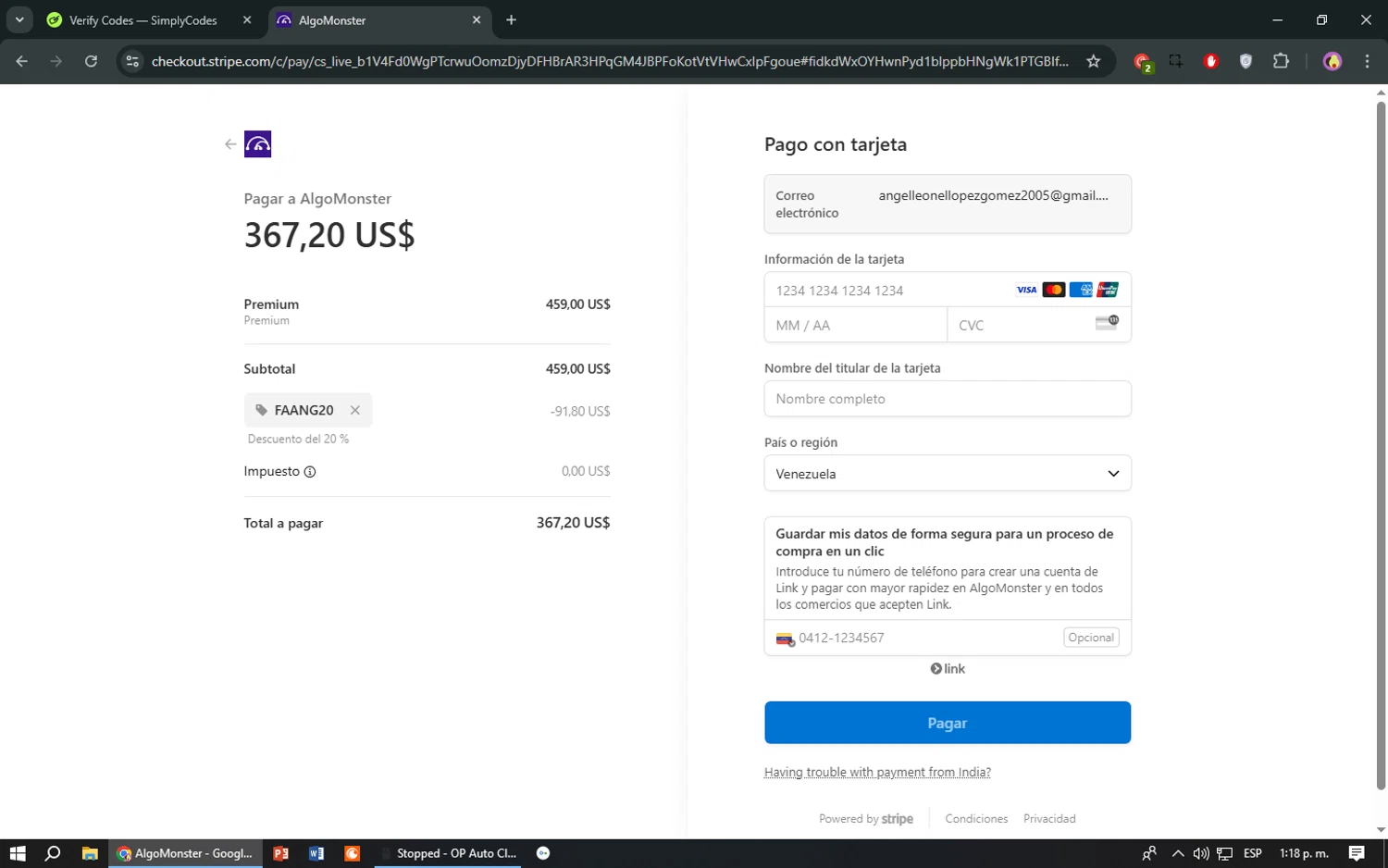 Algo Monster promo code screenshot showing code FAANG20 applied at Algo Monster checkout page. Uploaded by SimplyCodes community member TreasureShopper9156 on Mar 20, 2025