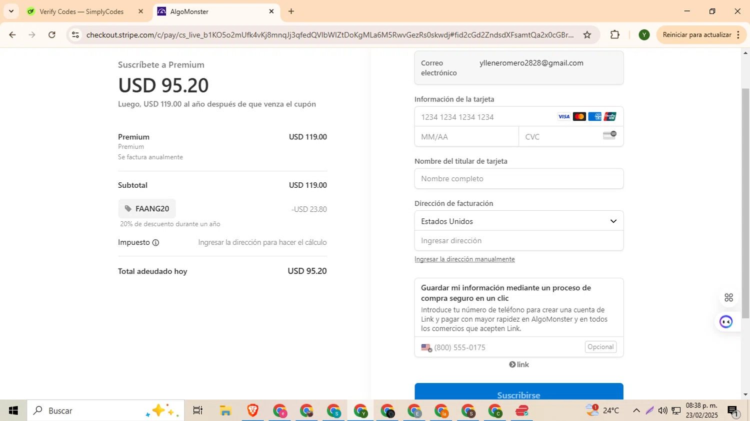 Algo Monster promo code screenshot showing code FAANG20 applied at Algo Monster checkout page. Uploaded by SimplyCodes community member ylleneromero on Feb 24, 2025