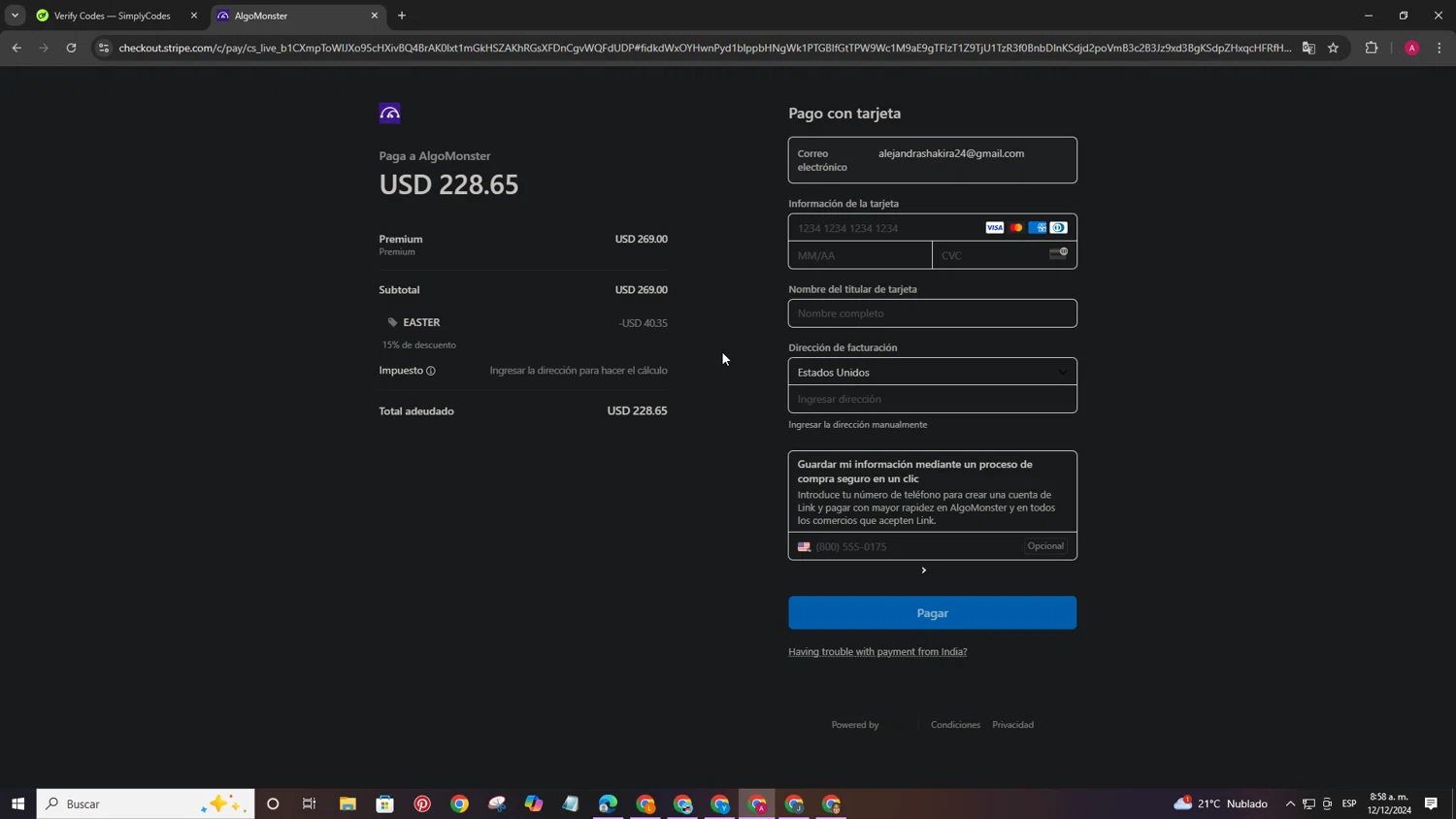Algo Monster checkout page showing Algo Monster promo code box | Screenshot taken by SimplyCodes community member on Dec 12, 2024