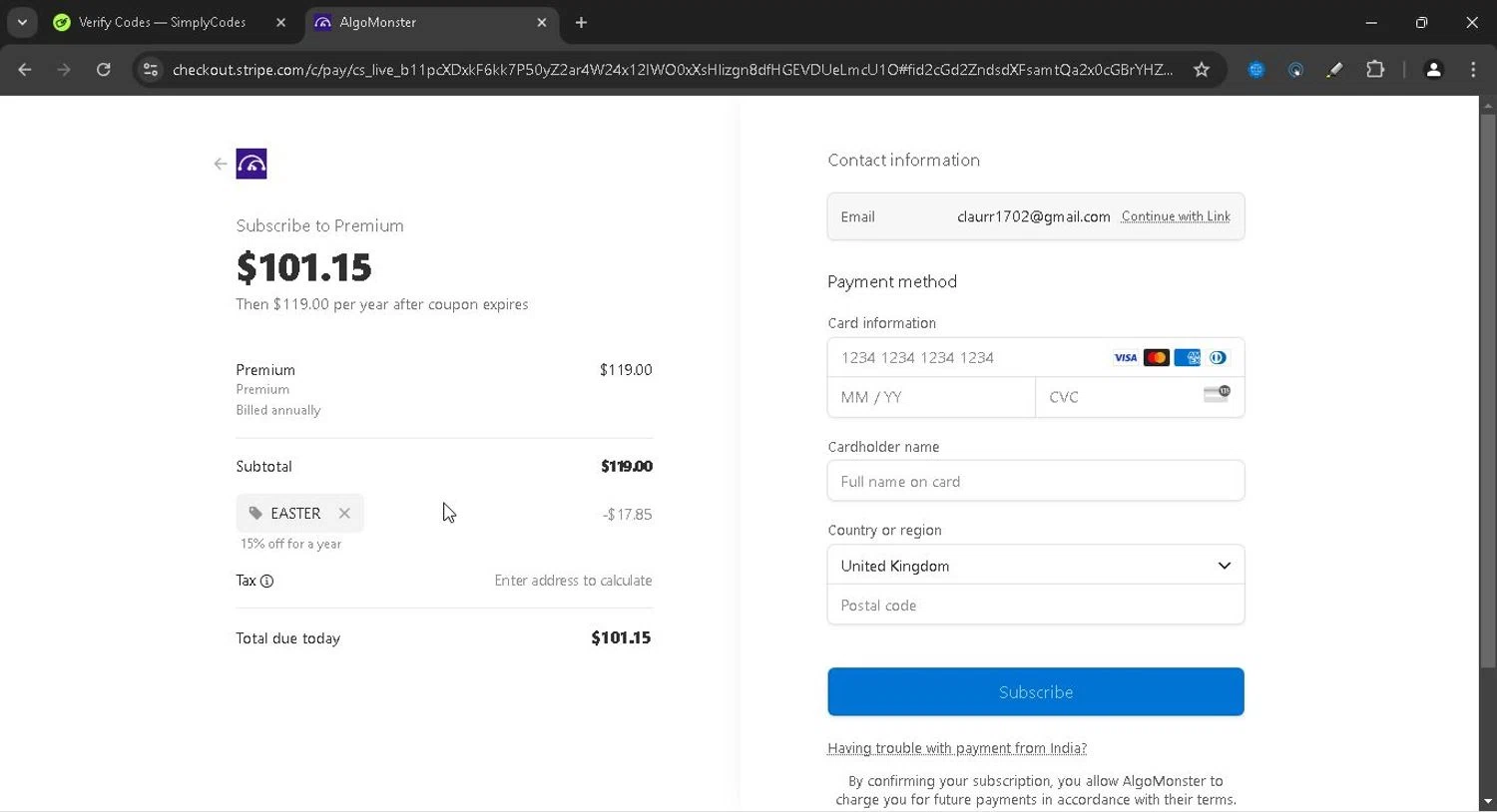 Algo Monster checkout page showing Algo Monster promo code box | Screenshot taken by SimplyCodes community member on Jan 10, 2025