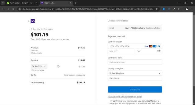 Algo Monster checkout page showing Algo Monster promo code box | Screenshot taken by SimplyCodes community member on Jan 10, 2025