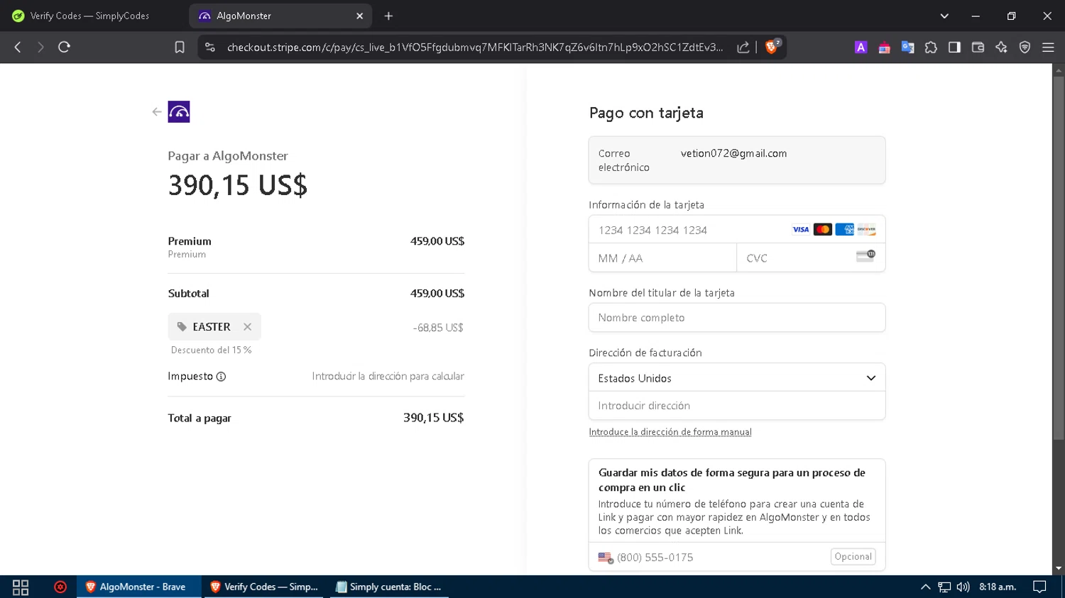 Algo Monster checkout page showing Algo Monster promo code box | Screenshot taken by SimplyCodes community member on Mar 9, 2025
